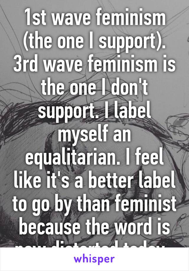 1st wave feminism (the one I support). 3rd wave feminism is the one I don't support. I label myself an equalitarian. I feel like it's a better label to go by than feminist because the word is now distorted today. 