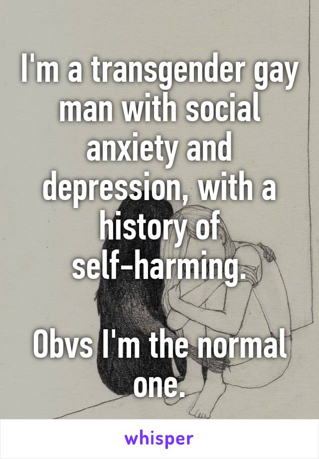 I'm a transgender gay man with social anxiety and depression, with a history of self-harming.

Obvs I'm the normal one.