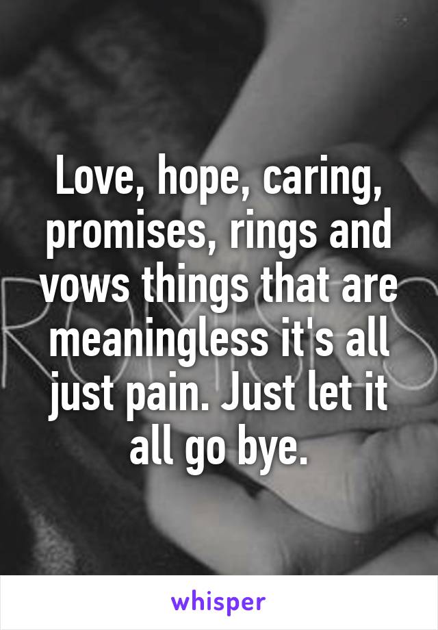 Love, hope, caring, promises, rings and vows things that are meaningless it's all just pain. Just let it all go bye.
