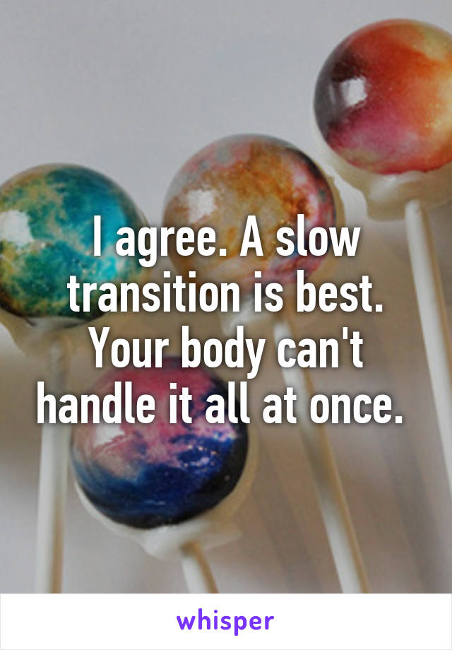 I agree. A slow transition is best. Your body can't handle it all at once. 