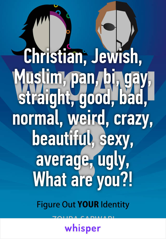 Christian, Jewish, Muslim, pan, bi, gay, straight, good, bad, normal, weird, crazy, beautiful, sexy, average, ugly,
What are you?!