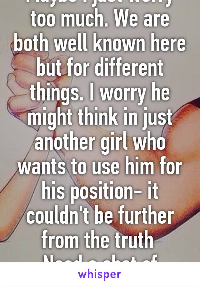 Maybe I just worry too much. We are both well known here but for different things. I worry he might think in just another girl who wants to use him for his position- it couldn't be further from the truth 
Need a shot of courage X