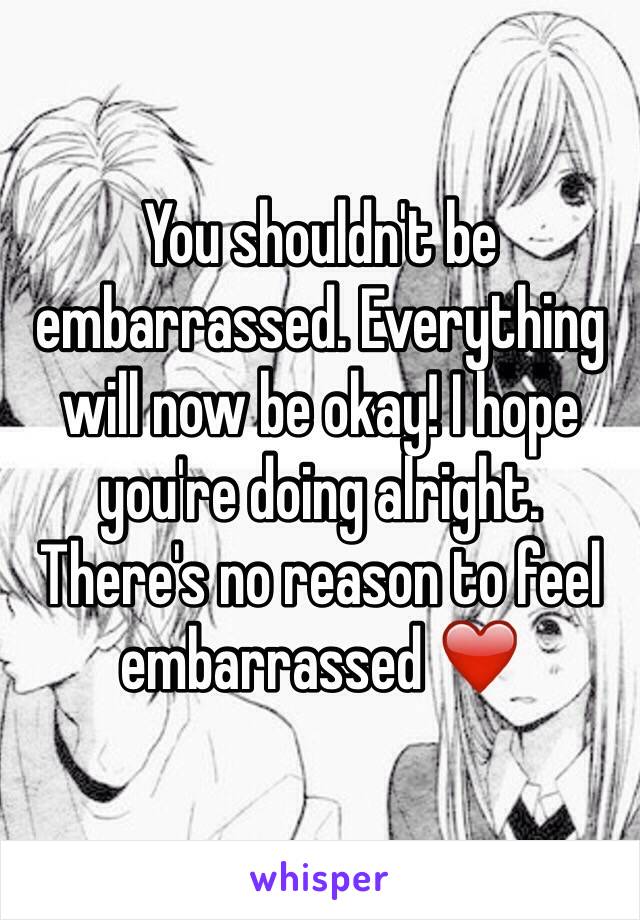 You shouldn't be embarrassed. Everything will now be okay! I hope you're doing alright. There's no reason to feel embarrassed ❤️