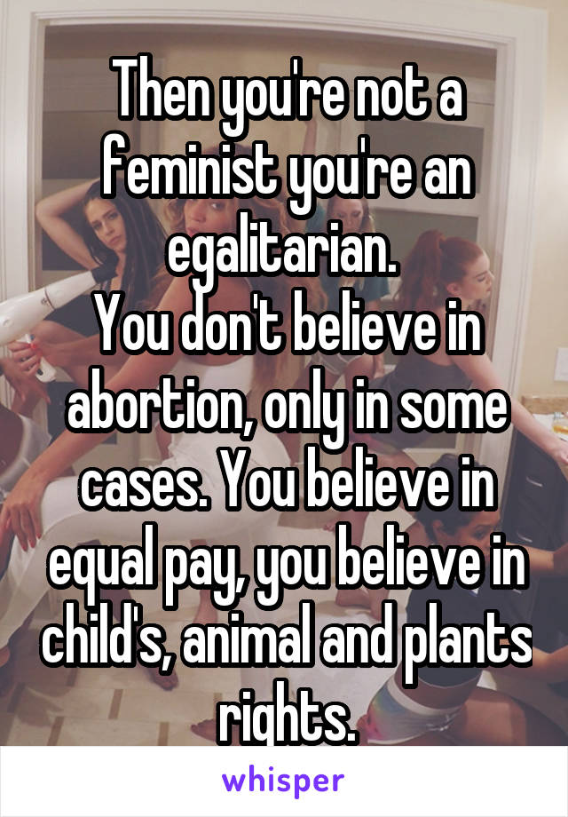 Then you're not a feminist you're an egalitarian. 
You don't believe in abortion, only in some cases. You believe in equal pay, you believe in child's, animal and plants rights.