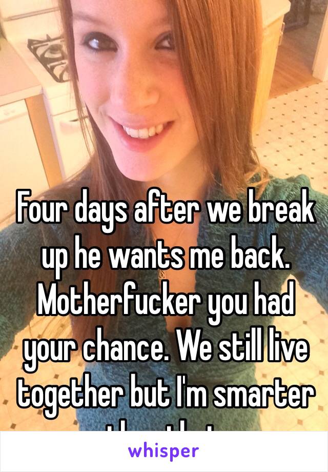 Four days after we break up he wants me back. Motherfucker you had your chance. We still live together but I'm smarter than that. 