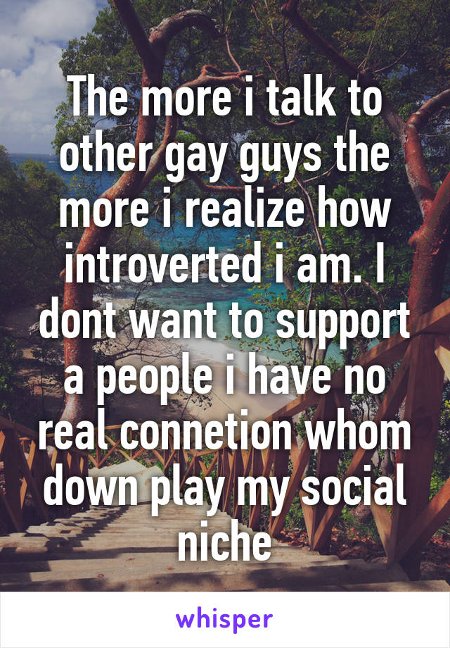 The more i talk to other gay guys the more i realize how introverted i am. I dont want to support a people i have no real connetion whom down play my social niche