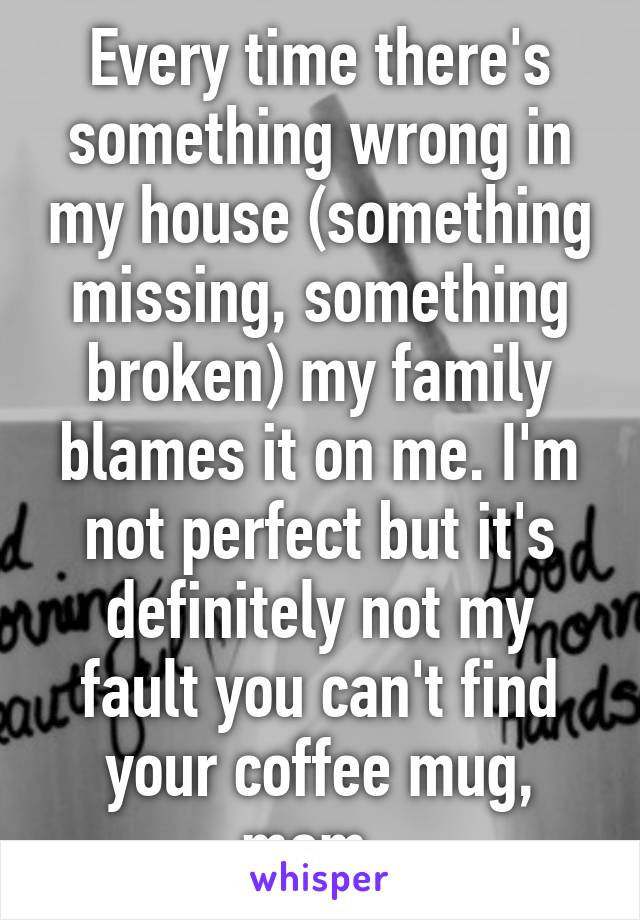 Every time there's something wrong in my house (something missing, something broken) my family blames it on me. I'm not perfect but it's definitely not my fault you can't find your coffee mug, mom. 
