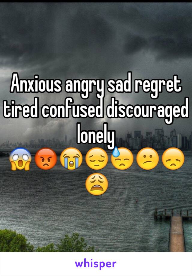Anxious angry sad regret tired confused discouraged lonely
😱😡😭😔😓😕😞😩