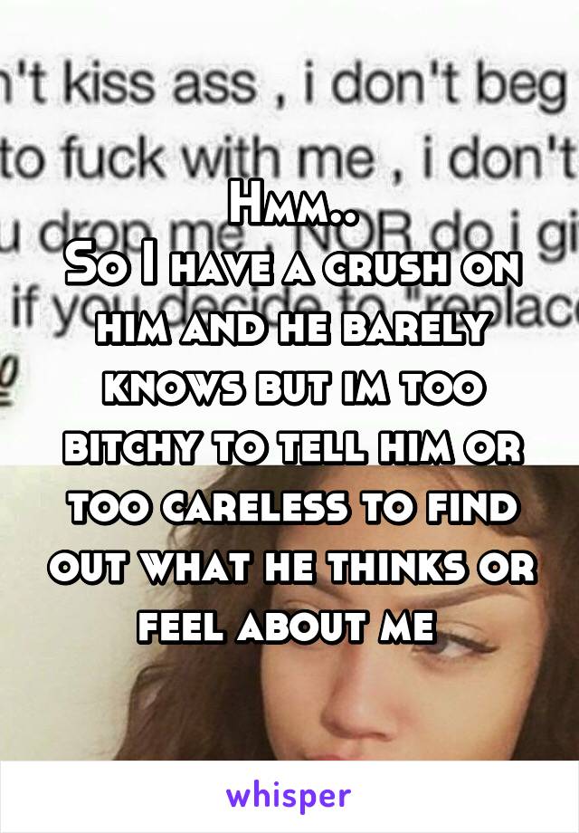 Hmm..
So I have a crush on him and he barely knows but im too bitchy to tell him or too careless to find out what he thinks or feel about me 