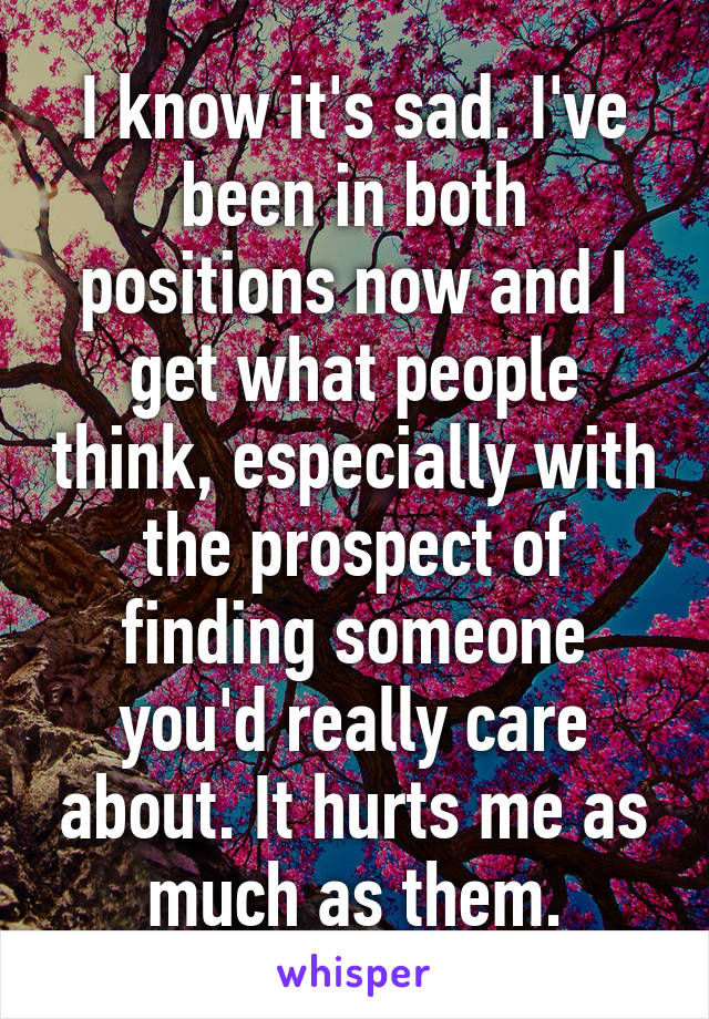 I know it's sad. I've been in both positions now and I get what people think, especially with the prospect of finding someone you'd really care about. It hurts me as much as them.