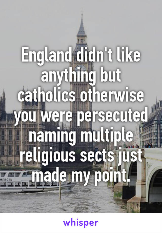 England didn't like anything but catholics otherwise you were persecuted naming multiple religious sects just made my point.