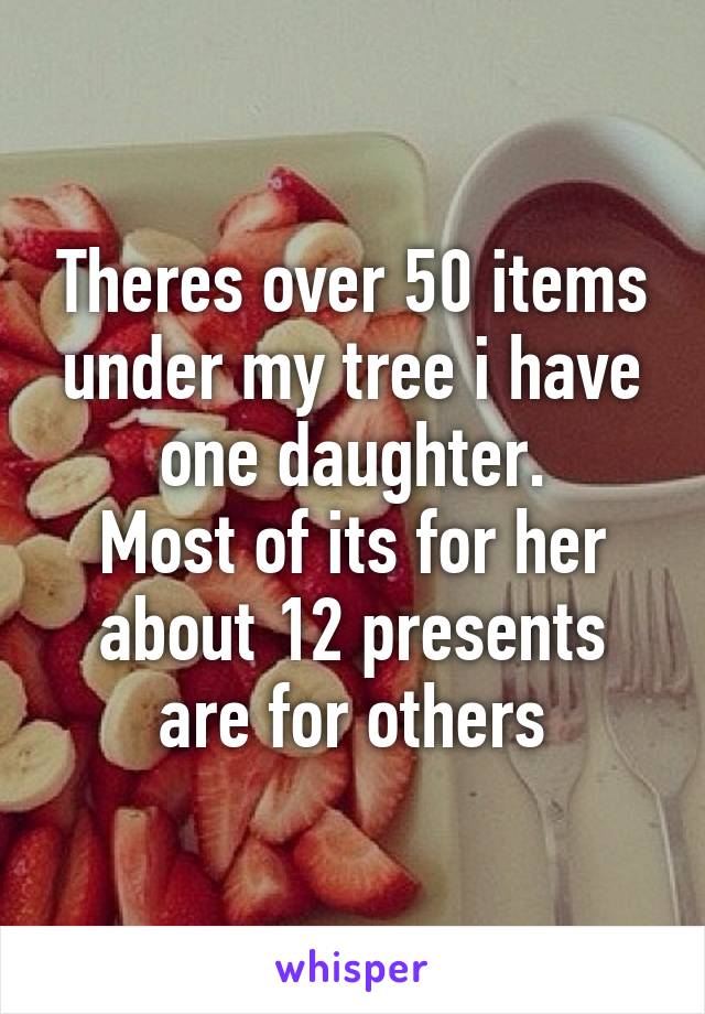 Theres over 50 items under my tree i have one daughter.
Most of its for her about 12 presents are for others