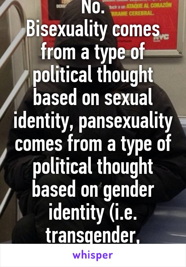 No.
Bisexuality comes from a type of political thought based on sexual identity, pansexuality comes from a type of political thought based on gender identity (i.e. transgender, transsexual, etc...)