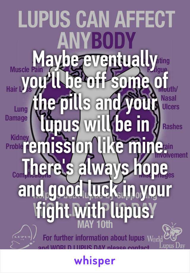 Maybe eventually you'll be off some of the pills and your lupus will be in remission like mine. There's always hope and good luck in your fight with lupus.