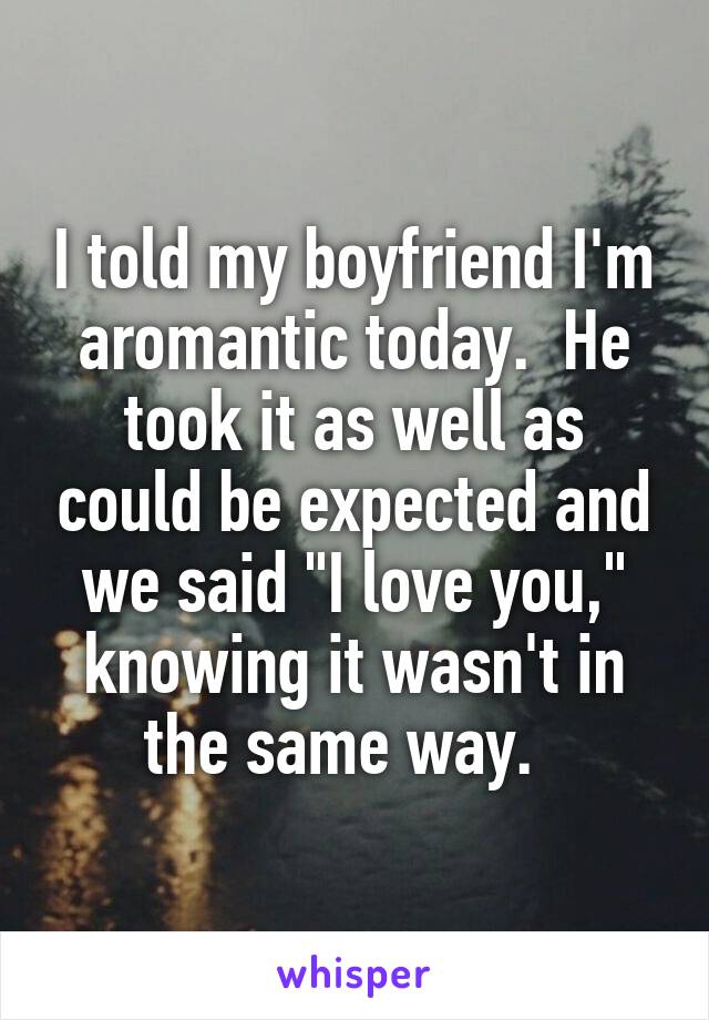 I told my boyfriend I'm aromantic today.  He took it as well as could be expected and we said "I love you," knowing it wasn't in the same way.  
