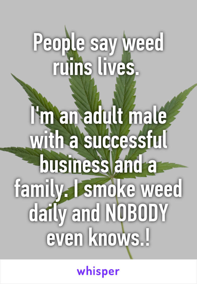 People say weed ruins lives. 

I'm an adult male with a successful business and a family. I smoke weed daily and NOBODY even knows.!