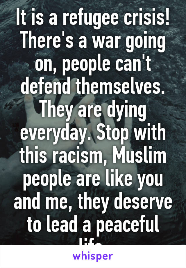 It is a refugee crisis! There's a war going on, people can't defend themselves. They are dying everyday. Stop with this racism, Muslim people are like you and me, they deserve to lead a peaceful life.