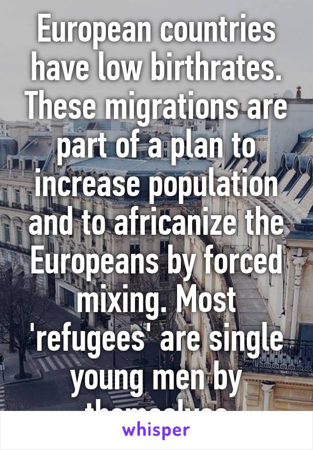 European countries have low birthrates. These migrations are part of a plan to increase population and to africanize the Europeans by forced mixing. Most 'refugees' are single young men by themselves