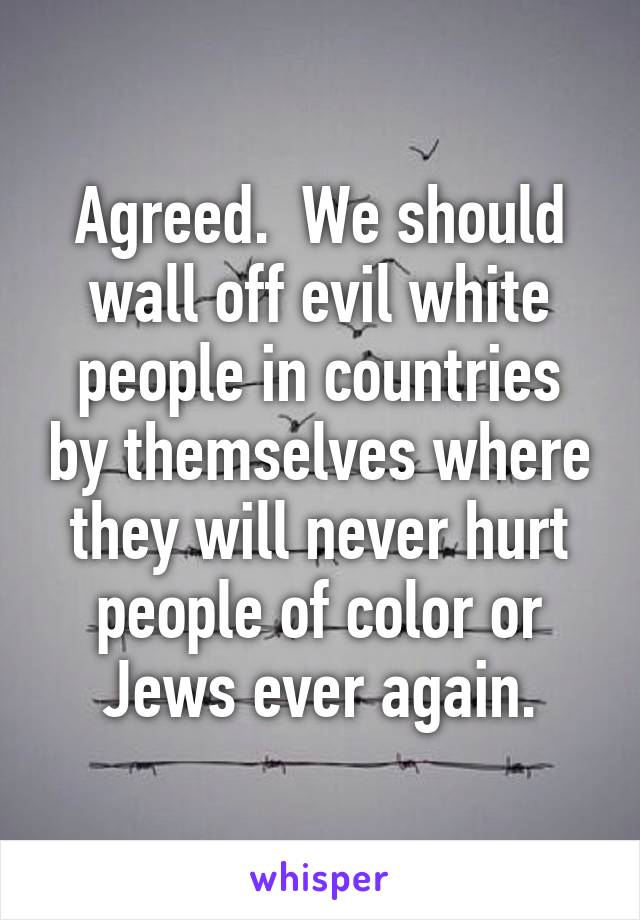 Agreed.  We should wall off evil white people in countries by themselves where they will never hurt people of color or Jews ever again.