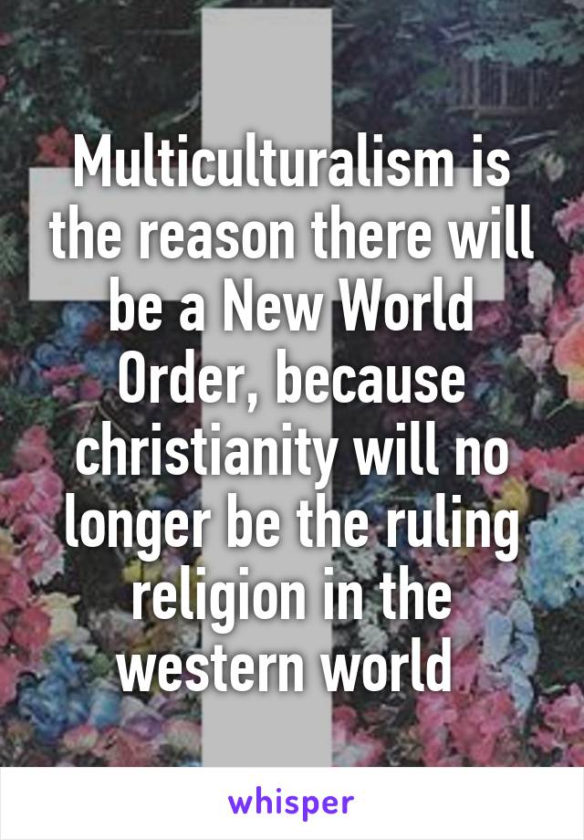 Multiculturalism is the reason there will be a New World Order, because christianity will no longer be the ruling religion in the western world 