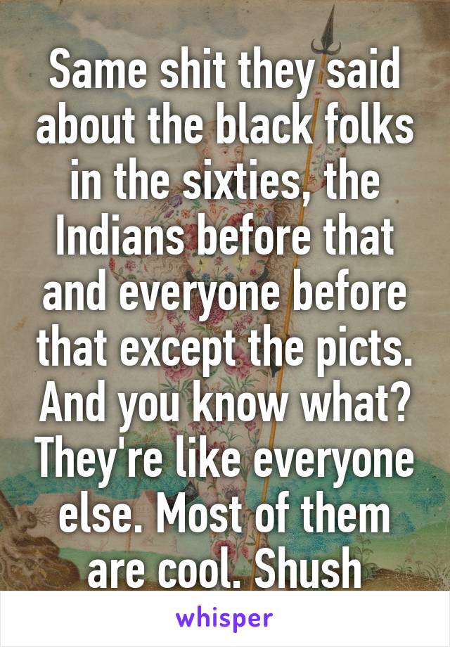 Same shit they said about the black folks in the sixties, the Indians before that and everyone before that except the picts. And you know what? They're like everyone else. Most of them are cool. Shush