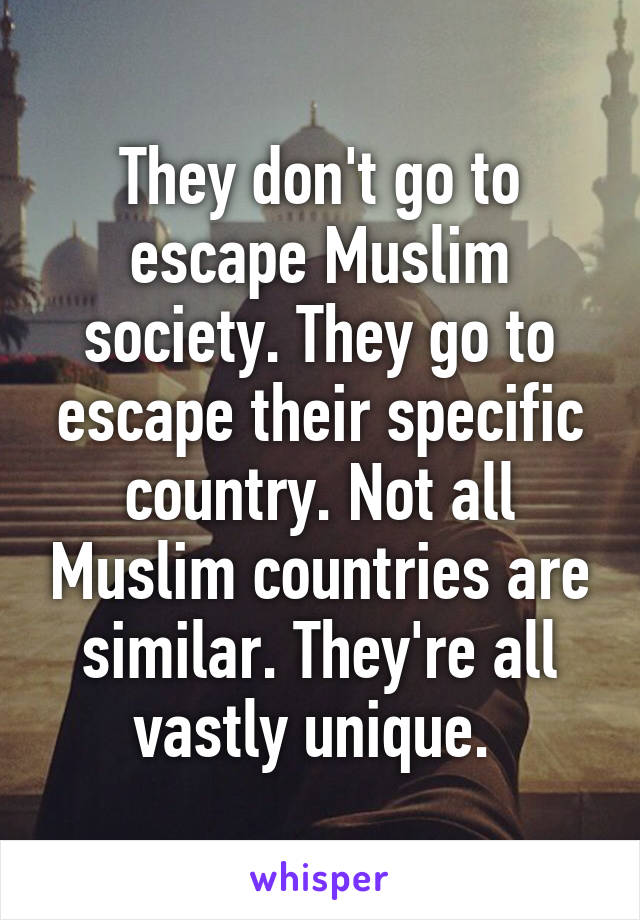 They don't go to escape Muslim society. They go to escape their specific country. Not all Muslim countries are similar. They're all vastly unique. 