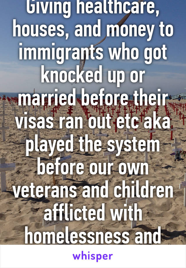 Giving healthcare, houses, and money to immigrants who got knocked up or married before their visas ran out etc aka played the system before our own veterans and children afflicted with homelessness and disease. 