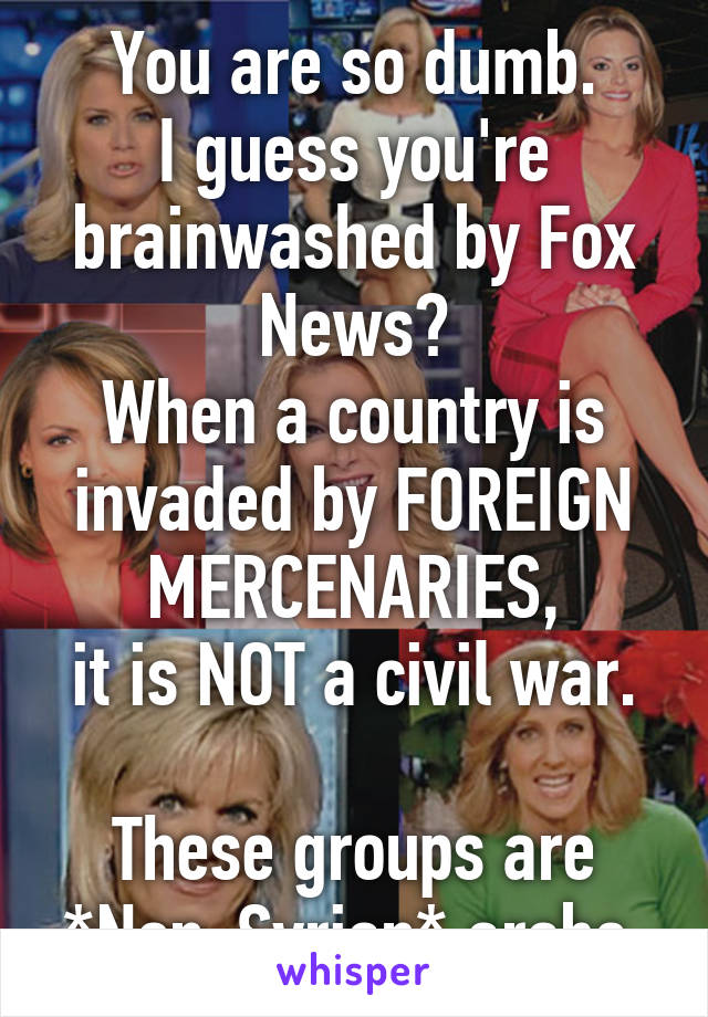 You are so dumb.
I guess you're brainwashed by Fox News?
When a country is invaded by FOREIGN MERCENARIES,
it is NOT a civil war.

These groups are
*Non-Syrian* arabs.