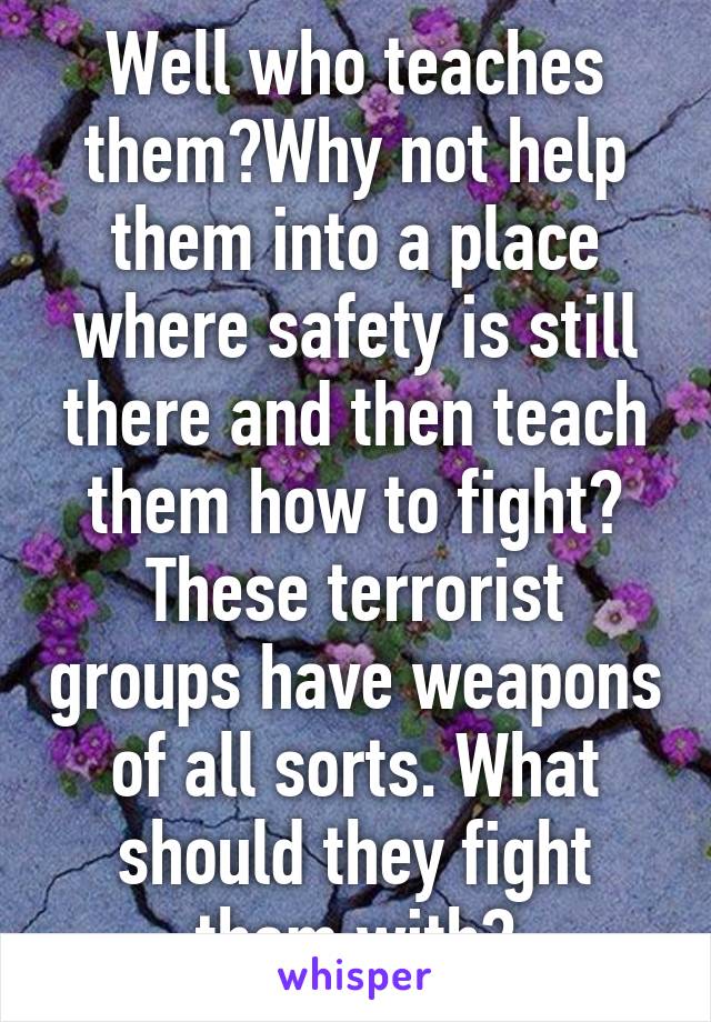 Well who teaches them?Why not help them into a place where safety is still there and then teach them how to fight? These terrorist groups have weapons of all sorts. What should they fight them with?