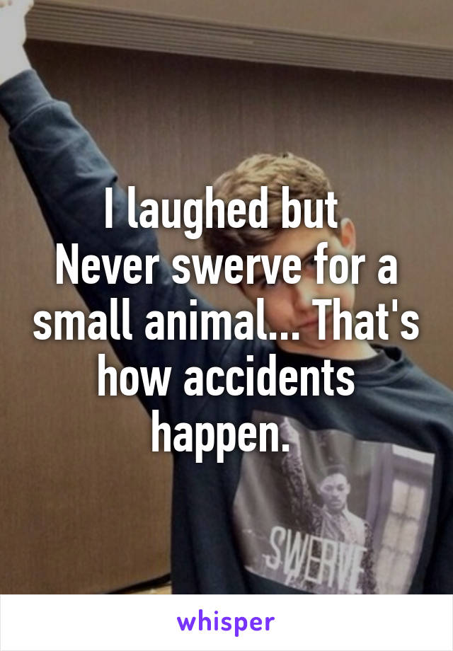 I laughed but 
Never swerve for a small animal... That's how accidents happen. 