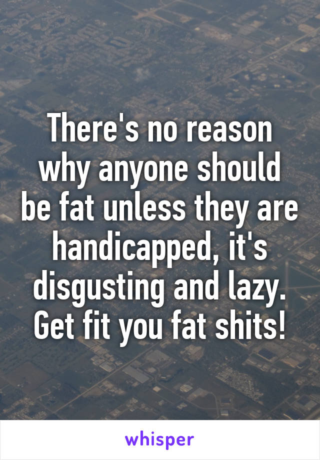 There's no reason why anyone should be fat unless they are handicapped, it's disgusting and lazy. Get fit you fat shits!