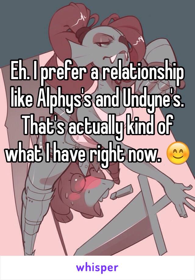 Eh. I prefer a relationship like Alphys's and Undyne's. That's actually kind of what I have right now. 😊