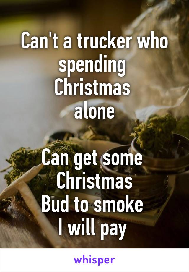 Can't a trucker who spending 
Christmas 
alone

Can get some 
Christmas
Bud to smoke 
I will pay 