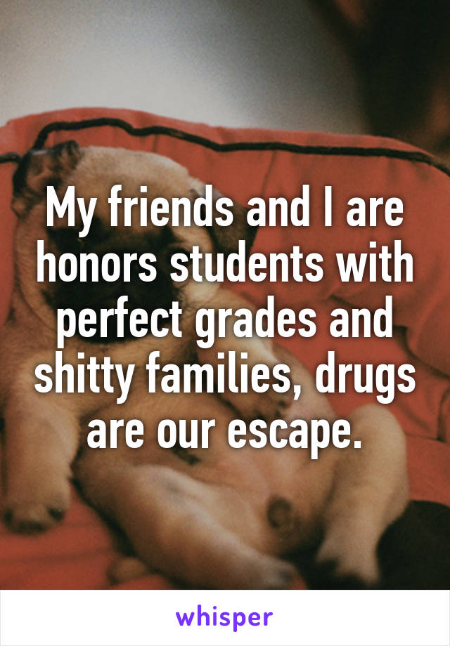 My friends and I are honors students with perfect grades and shitty families, drugs are our escape.