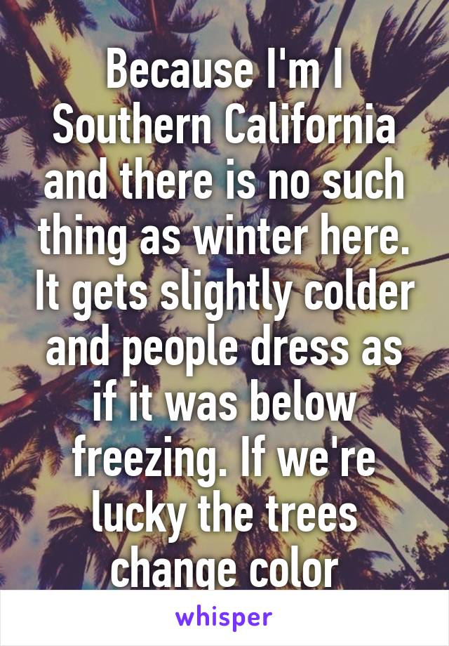 Because I'm I Southern California and there is no such thing as winter here. It gets slightly colder and people dress as if it was below freezing. If we're lucky the trees change color