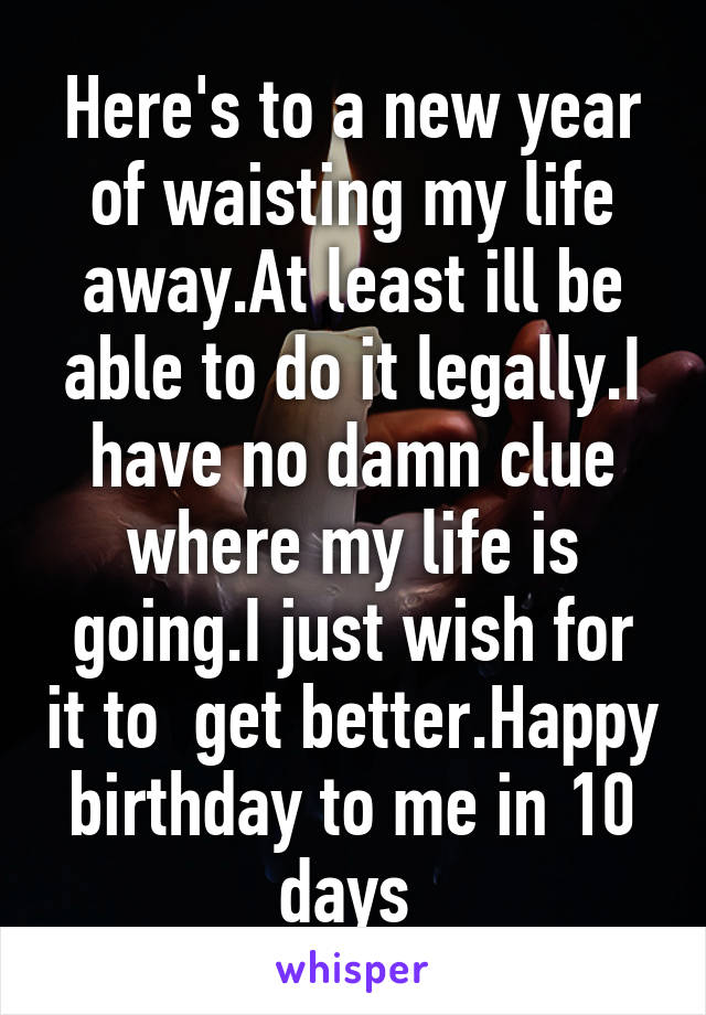 Here's to a new year of waisting my life away.At least ill be able to do it legally.I have no damn clue where my life is going.I just wish for it to  get better.Happy birthday to me in 10 days 