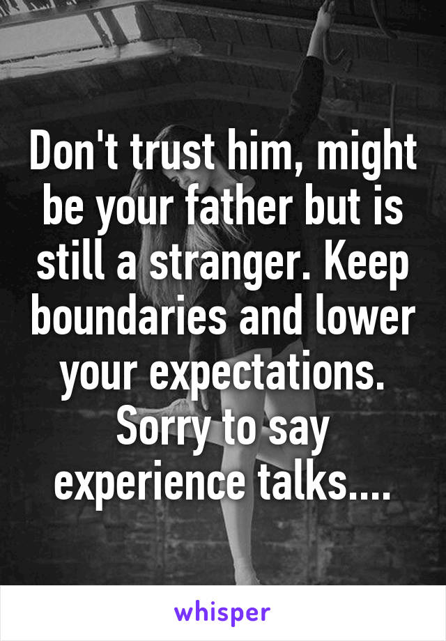 Don't trust him, might be your father but is still a stranger. Keep boundaries and lower your expectations. Sorry to say experience talks....