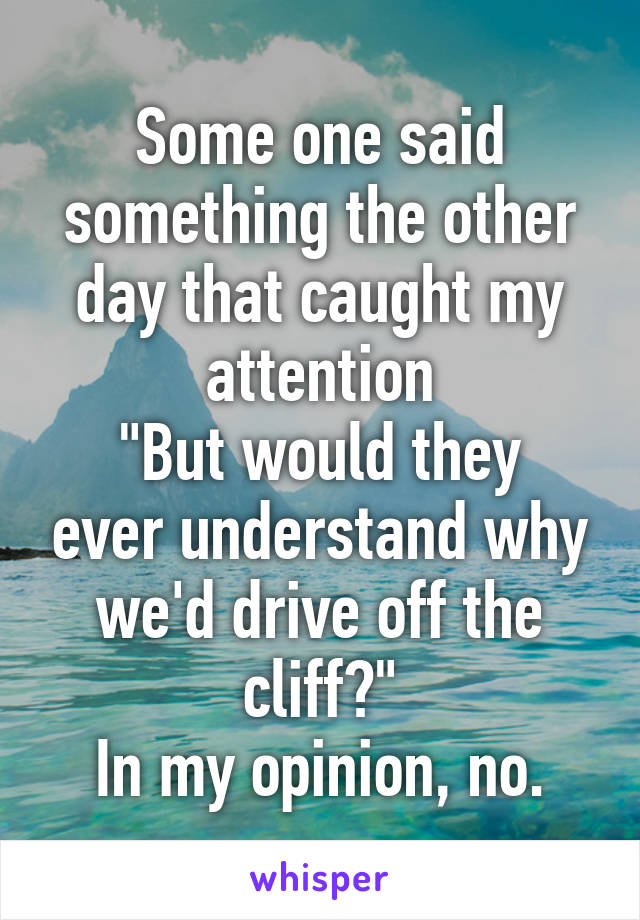 Some one said something the other day that caught my attention
"But would they ever understand why we'd drive off the cliff?"
In my opinion, no.