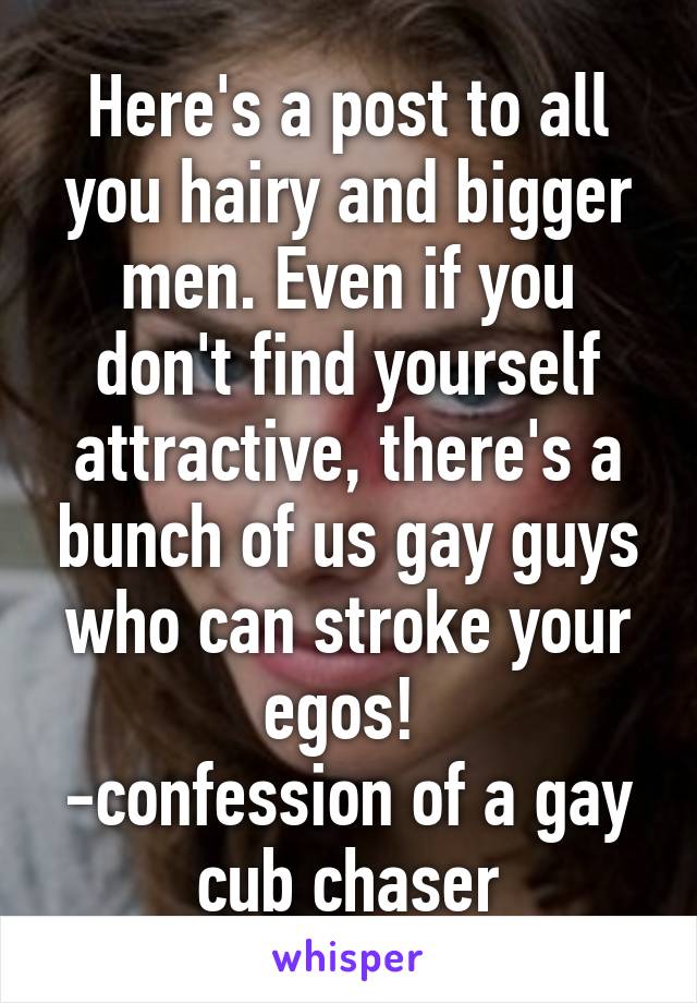 Here's a post to all you hairy and bigger men. Even if you don't find yourself attractive, there's a bunch of us gay guys who can stroke your egos! 
-confession of a gay cub chaser