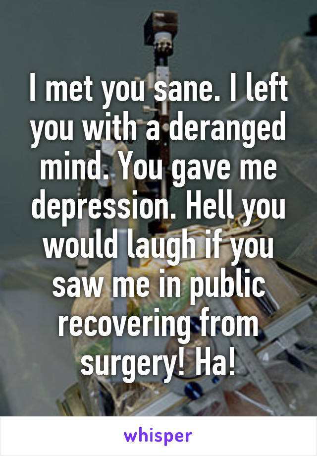 I met you sane. I left you with a deranged mind. You gave me depression. Hell you would laugh if you saw me in public recovering from surgery! Ha!