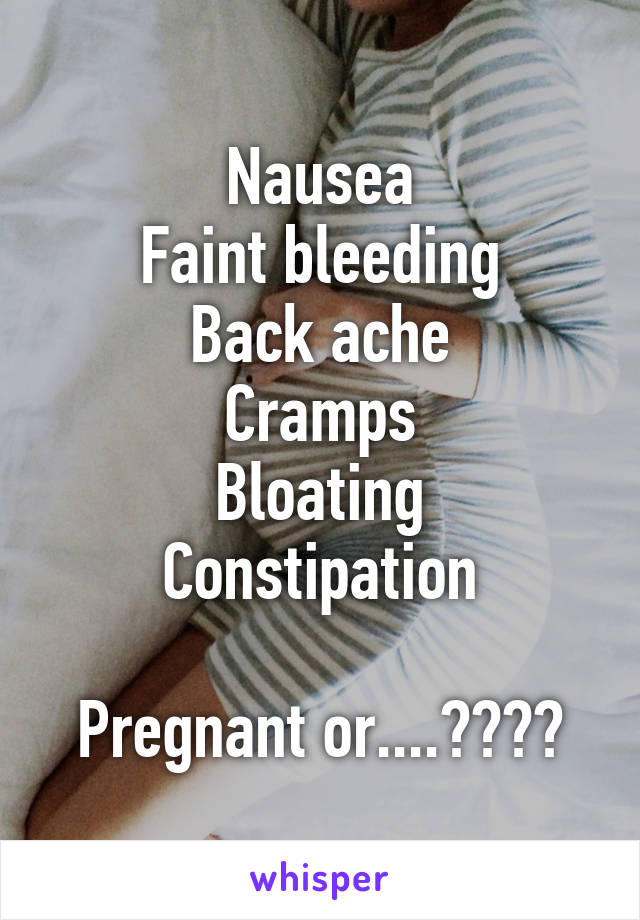 Nausea
Faint bleeding
Back ache
Cramps
Bloating
Constipation

Pregnant or....????