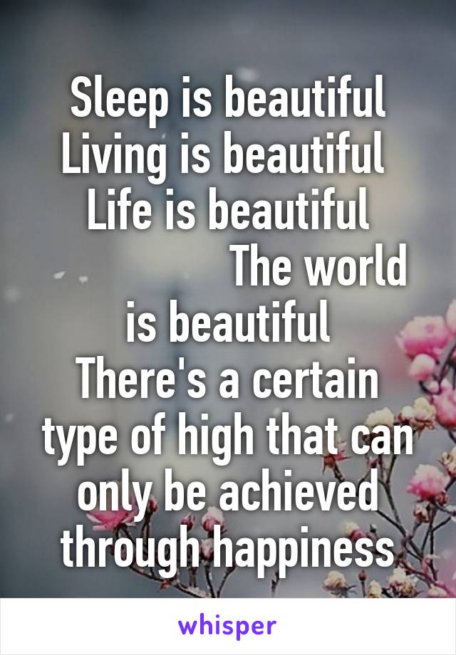 Sleep is beautiful
Living is beautiful 
Life is beautiful
                The world is beautiful
There's a certain type of high that can only be achieved through happiness