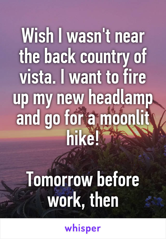 Wish I wasn't near the back country of vista. I want to fire up my new headlamp and go for a moonlit hike!

Tomorrow before work, then