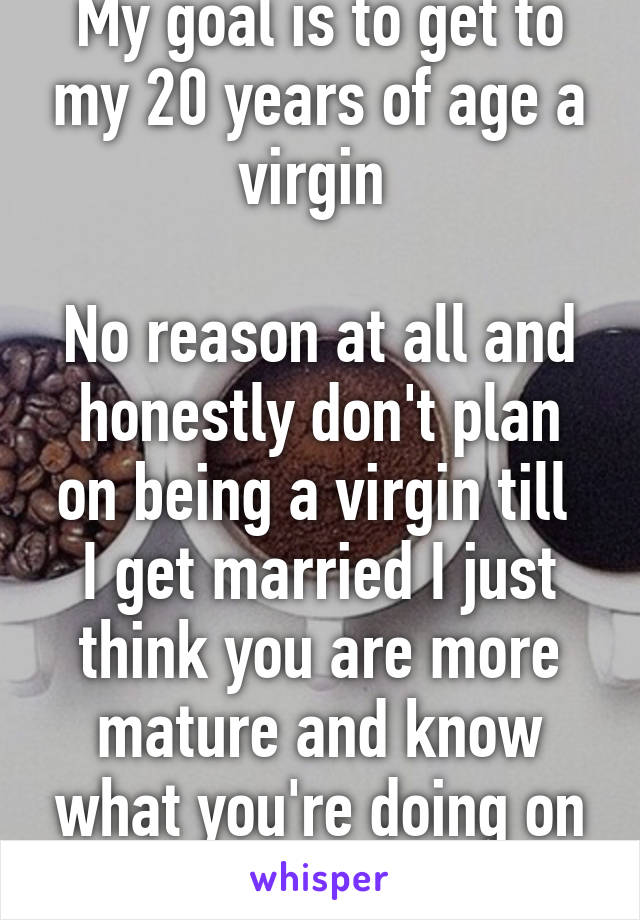 My goal is to get to my 20 years of age a virgin 

No reason at all and honestly don't plan on being a virgin till  I get married I just think you are more mature and know what you're doing on your 20's