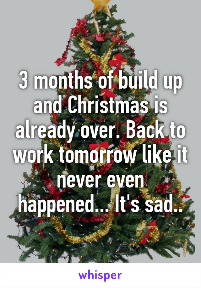 3 months of build up and Christmas is already over. Back to work tomorrow like it never even happened... It's sad..