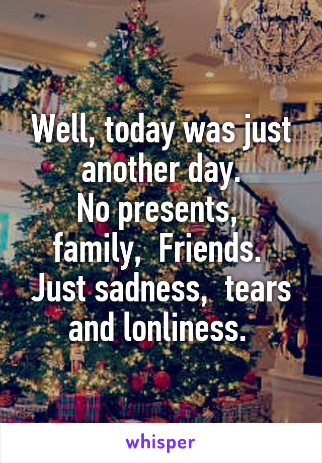 Well, today was just another day.
No presents,  family,  Friends. 
Just sadness,  tears and lonliness. 