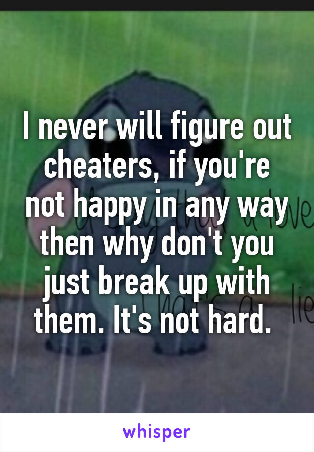 I never will figure out cheaters, if you're not happy in any way then why don't you just break up with them. It's not hard. 