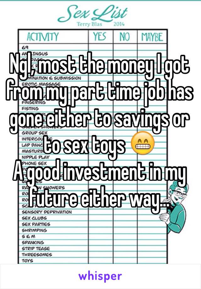 Ngl, most the money I got from my part time job has gone either to savings or to sex toys 😁
A good investment in my future either way...