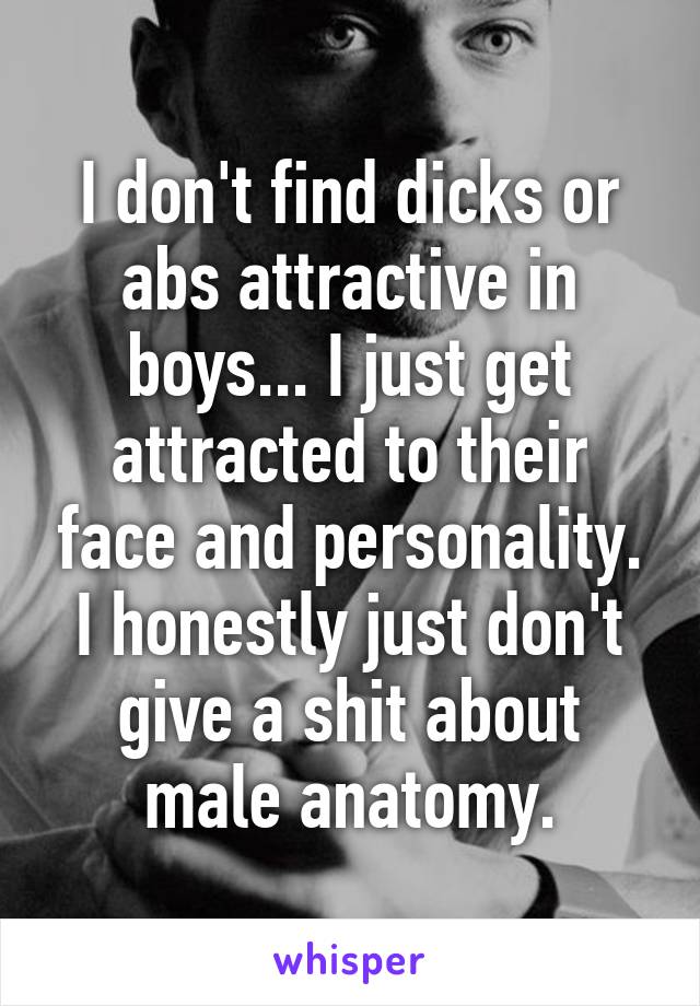 I don't find dicks or abs attractive in boys... I just get attracted to their face and personality. I honestly just don't give a shit about male anatomy.