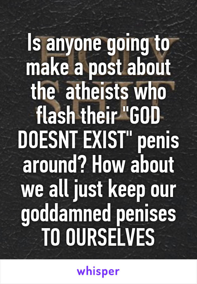 Is anyone going to make a post about the  atheists who flash their "GOD DOESNT EXIST" penis around? How about we all just keep our goddamned penises TO OURSELVES